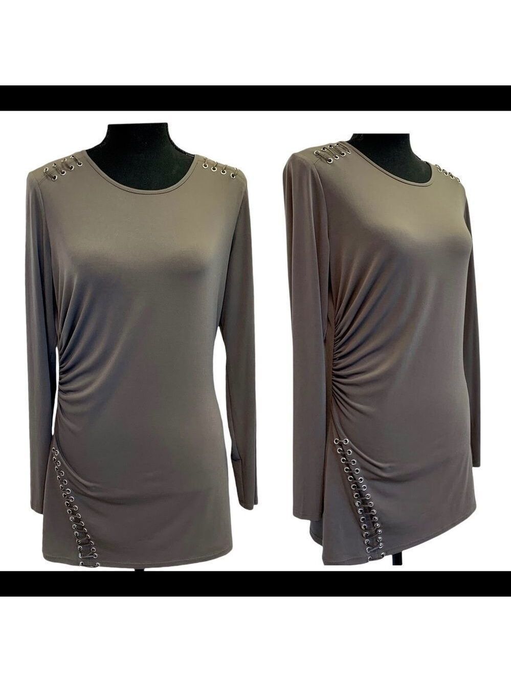 Lines Domani army green ruched braided shoulder grommet detail long sleeve top M